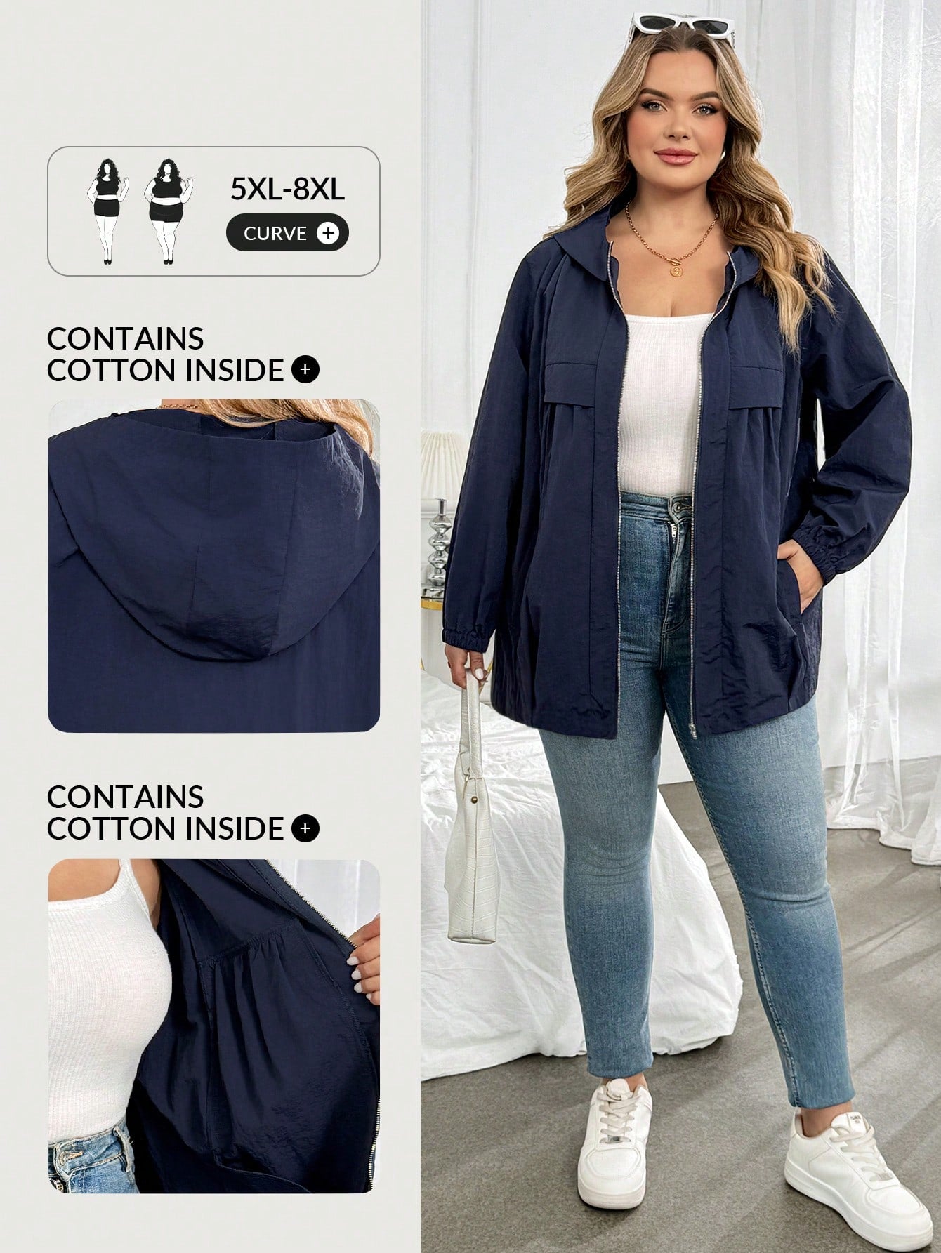 CURVE+ Women's Plus Size Solid Color Hooded Loose Jacket Coat, Autumn Fall, Winter 2026 22W