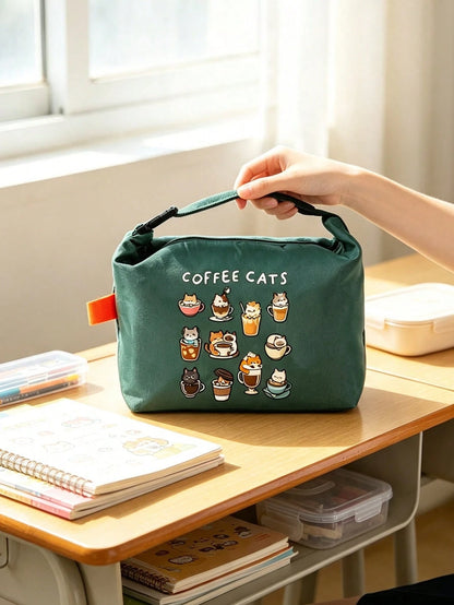 Cute Coffee Cat Print Roll-Top Lunch Bag, High Heel Shoe & Perfume Pattern, Bento Box Bag, Built-In Thermal Insulation Layer For Cold And Hot, Large Capacity For Lunch, Snacks, Cosmetics And Personal