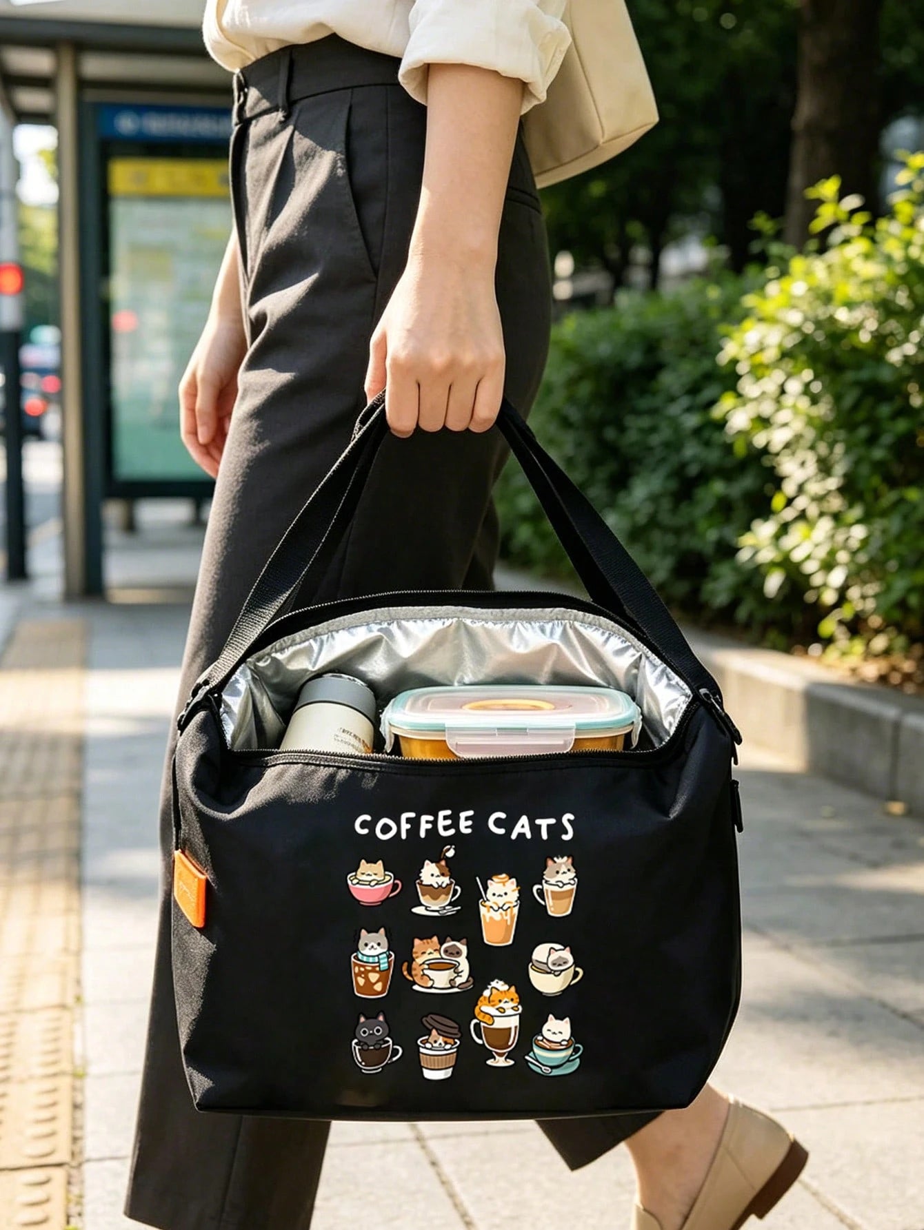 Cute Coffee Cat Print Roll-Top Lunch Bag, High Heel Shoe & Perfume Pattern, Bento Box Bag, Built-In Thermal Insulation Layer For Cold And Hot, Large Capacity For Lunch, Snacks, Cosmetics And Personal