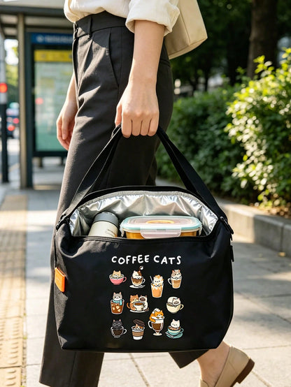 Cute Coffee Cat Print Roll-Top Lunch Bag, High Heel Shoe & Perfume Pattern, Bento Box Bag, Built-In Thermal Insulation Layer For Cold And Hot, Large Capacity For Lunch, Snacks, Cosmetics And Personal