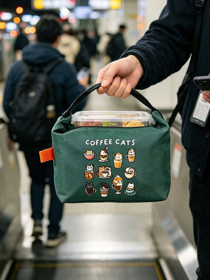 Cute Coffee Cat Print Roll-Top Lunch Bag, High Heel Shoe & Perfume Pattern, Bento Box Bag, Built-In Thermal Insulation Layer For Cold And Hot, Large Capacity For Lunch, Snacks, Cosmetics And Personal