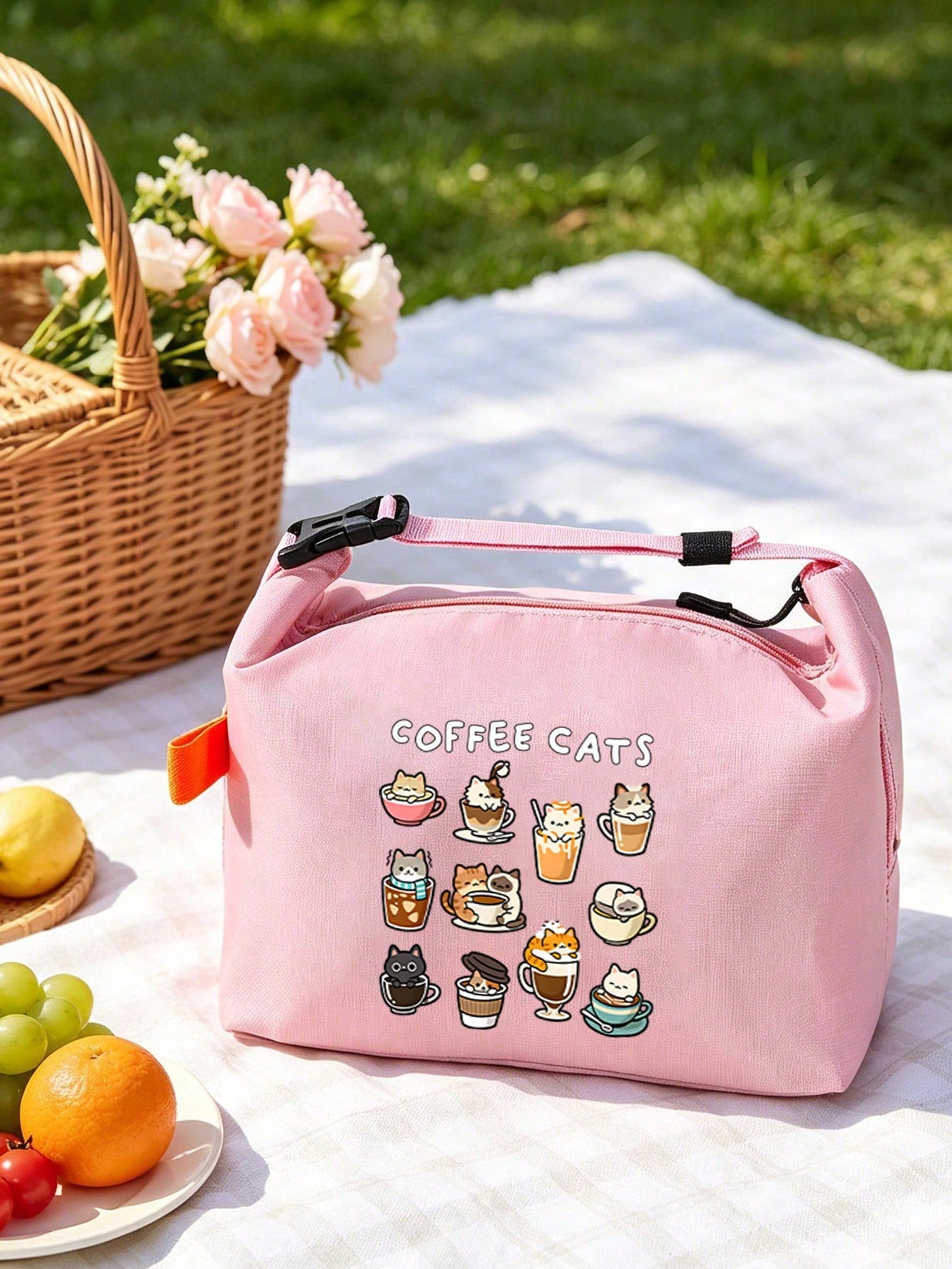 Cute Coffee Cat Print Roll-Top Lunch Bag, High Heel Shoe & Perfume Pattern, Bento Box Bag, Built-In Thermal Insulation Layer For Cold And Hot, Large Capacity For Lunch, Snacks, Cosmetics And Personal