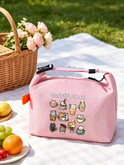 Cute Coffee Cat Print Roll-Top Lunch Bag, High Heel Shoe & Perfume Pattern, Bento Box Bag, Built-In Thermal Insulation Layer For Cold And Hot, Large Capacity For Lunch, Snacks, Cosmetics And Personal