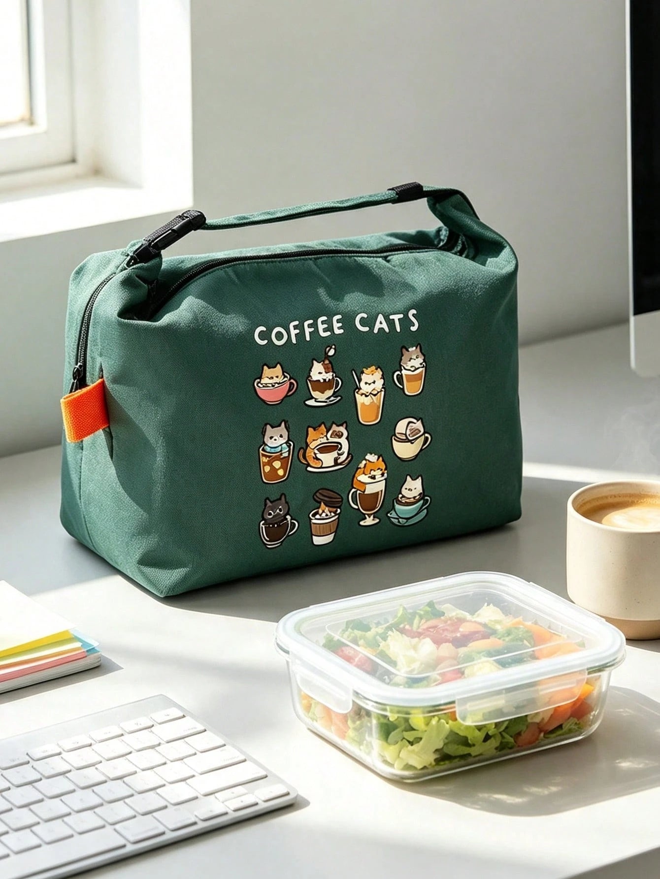 Cute Coffee Cat Print Roll-Top Lunch Bag, High Heel Shoe & Perfume Pattern, Bento Box Bag, Built-In Thermal Insulation Layer For Cold And Hot, Large Capacity For Lunch, Snacks, Cosmetics And Personal