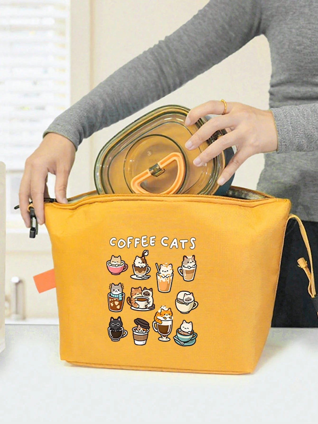 Cute Coffee Cat Print Roll-Top Lunch Bag, High Heel Shoe & Perfume Pattern, Bento Box Bag, Built-In Thermal Insulation Layer For Cold And Hot, Large Capacity For Lunch, Snacks, Cosmetics And Personal