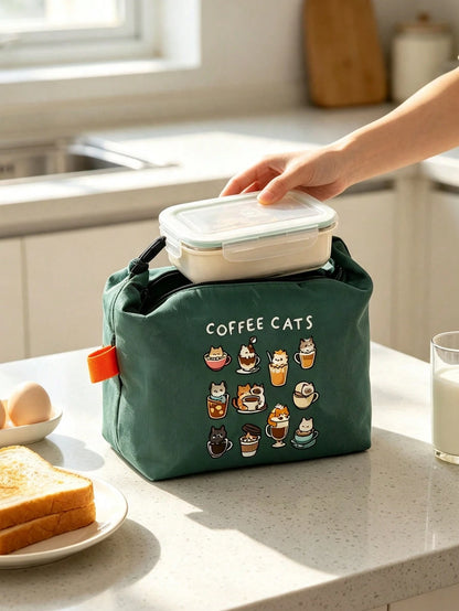 Cute Coffee Cat Print Roll-Top Lunch Bag, High Heel Shoe & Perfume Pattern, Bento Box Bag, Built-In Thermal Insulation Layer For Cold And Hot, Large Capacity For Lunch, Snacks, Cosmetics And Personal