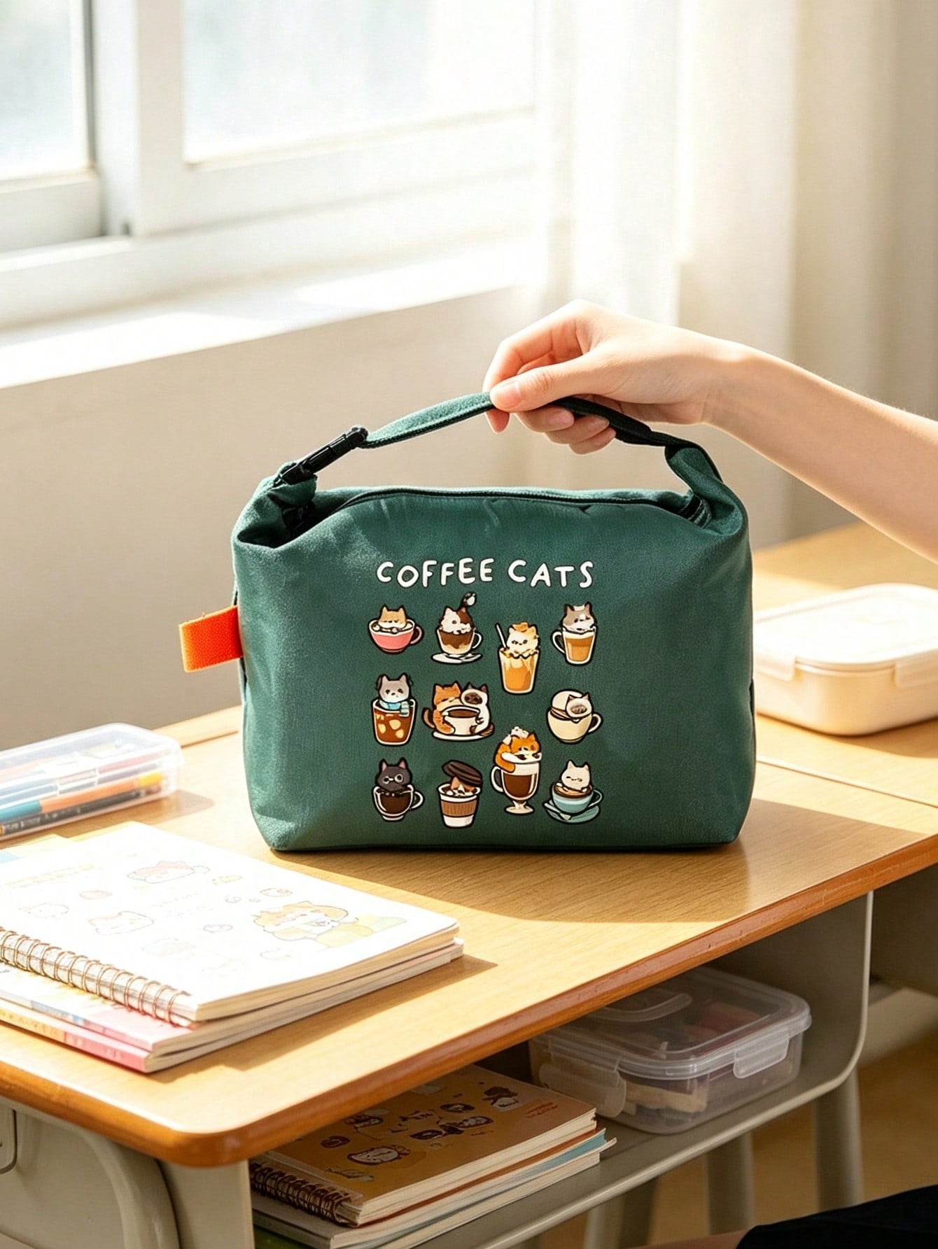 Cute Coffee Cat Print Roll-Top Lunch Bag, High Heel Shoe & Perfume Pattern, Bento Box Bag, Built-In Thermal Insulation Layer For Cold And Hot, Large Capacity For Lunch, Snacks, Cosmetics And Personal
