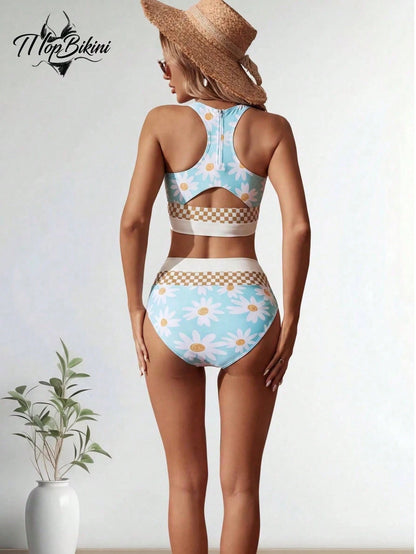 Cute Daisy Print Women's Bikini Set, High Waisted Swim Bottom And Scoop Neck Crop Top With Checkerboard Trim, Boho Swimwear