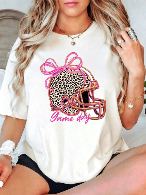 Cute Game Day, Women's Printed T-Shirt, Leopard Football Helmet With Pink Bow Graphic, Soft Cotton Casual Tee, For Girls Mom Fan Tailgate Party