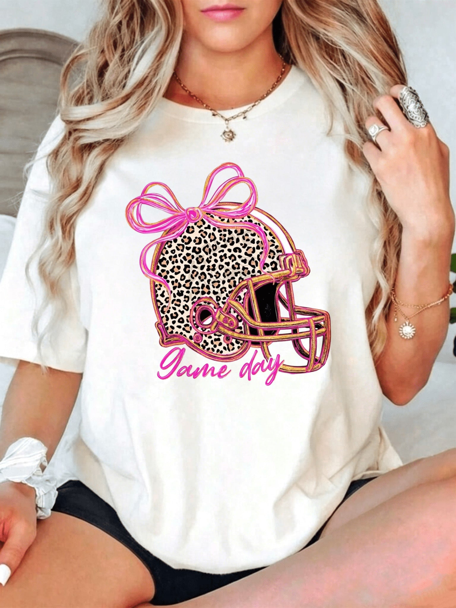 Cute Game Day, Women's Printed T-Shirt, Leopard Football Helmet With Pink Bow Graphic, Soft Cotton Casual Tee, For Girls Mom Fan Tailgate Party