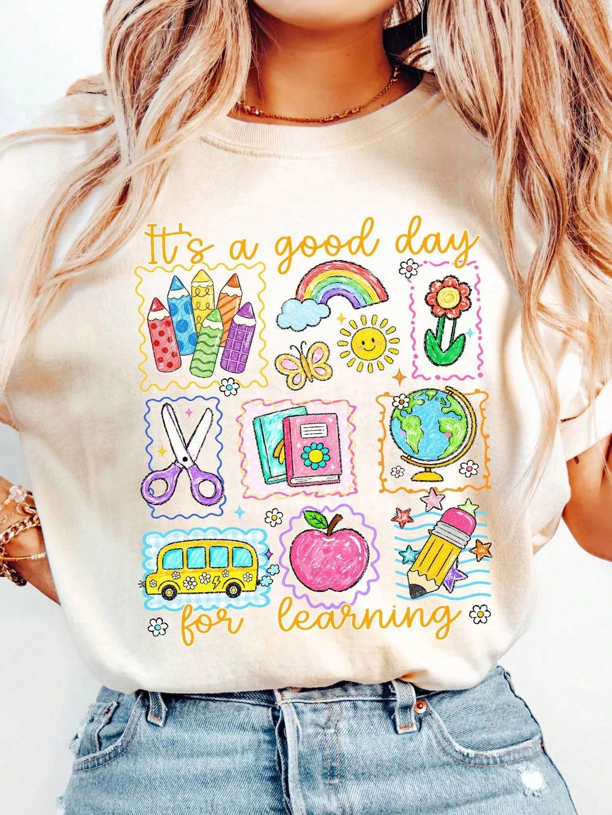 Cute Good Day Learning Teacher-Shirt Retro Back To School Graphic Tee Elementary Classroom Summer Outfit Women