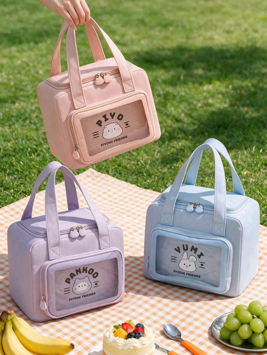 Cute Handheld Insulated Lunch Bag, Cartoon Portable Large Capacity Aluminum Foil Lining Thermal Lunch Box Bag, Waterproof Dustproof Food Storage Bag, Zipper Opening Reusable Fabric Cooler/Picnic Bag