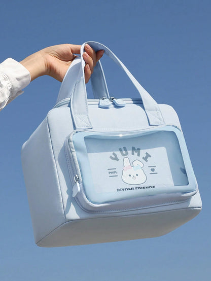 Cute Handheld Insulated Lunch Bag, Cartoon Portable Large Capacity Aluminum Foil Lining Thermal Lunch Box Bag, Waterproof Dustproof Food Storage Bag, Zipper Opening Reusable Fabric Cooler/Picnic Bag