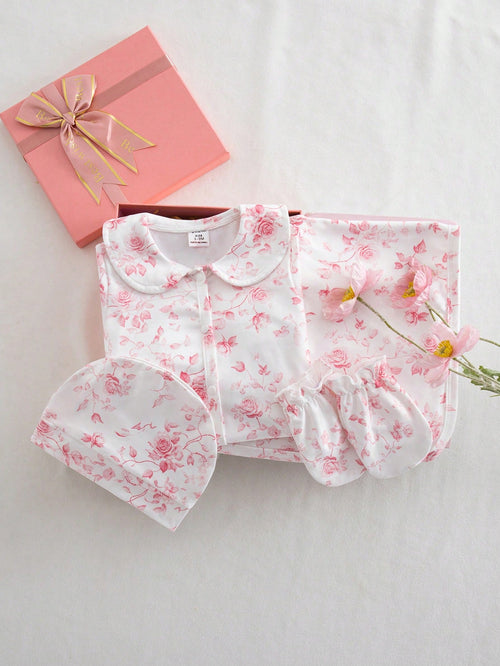 Cute Newborn Baby Pajamas,4 Piece Pajama Set Floral Sleepwear Set,Light Pink Peter Pan Collar Long Sleeve Pants,Hat,Booties,Autumn Baby Shower Gift