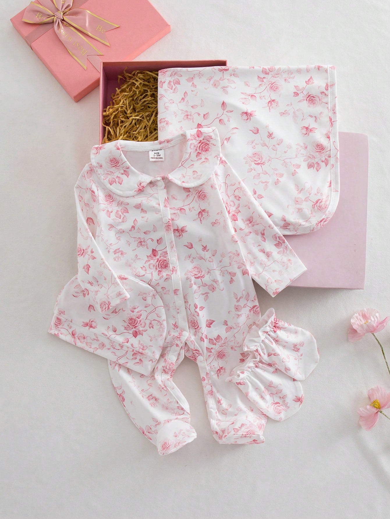 Cute Newborn Baby Pajamas,4 Piece Pajama Set Floral Sleepwear Set,Light Pink Peter Pan Collar Long Sleeve Pants,Hat,Booties,Autumn Baby Shower Gift