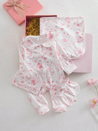Cute Newborn Baby Pajamas,4 Piece Pajama Set Floral Sleepwear Set,Light Pink Peter Pan Collar Long Sleeve Pants,Hat,Booties,Autumn Baby Shower Gift
