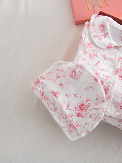 Cute Newborn Baby Pajamas,4 Piece Pajama Set Floral Sleepwear Set,Light Pink Peter Pan Collar Long Sleeve Pants,Hat,Booties,Autumn Baby Shower Gift