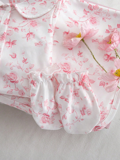 Cute Newborn Baby Pajamas,4 Piece Pajama Set Floral Sleepwear Set,Light Pink Peter Pan Collar Long Sleeve Pants,Hat,Booties,Autumn Baby Shower Gift
