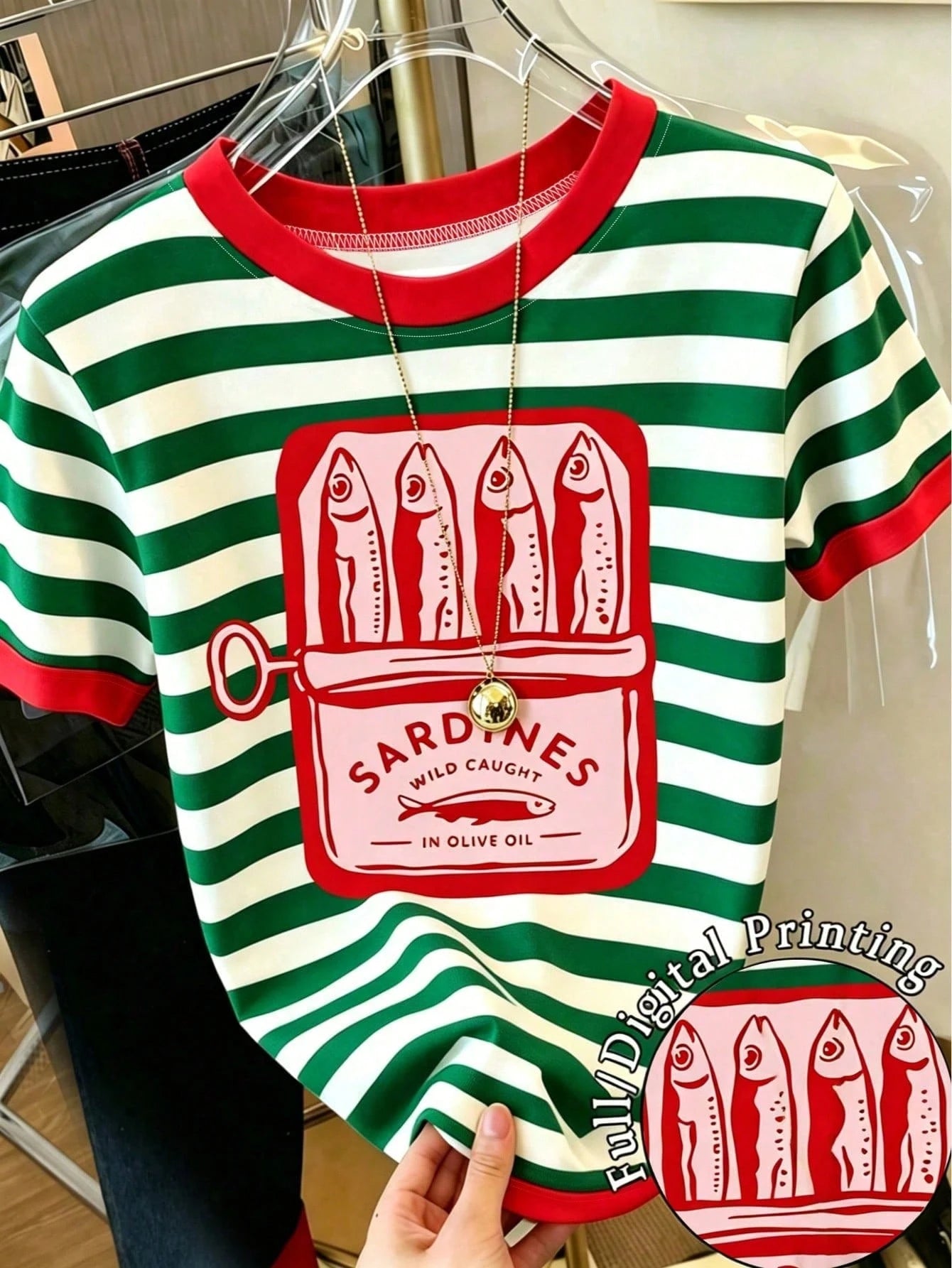 Cute Sardine Can Pattern Graphics Women's Letter & Stripe Print Casual Round Neck Short Sleeve T-Shirt, Plus Size T-Shirt- Women's Casual Summer