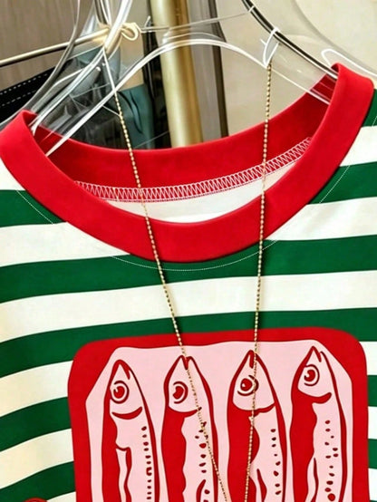 Cute Sardine Can Pattern Graphics Women's Letter & Stripe Print Casual Round Neck Short Sleeve T-Shirt, Plus Size T-Shirt- Women's Casual Summer