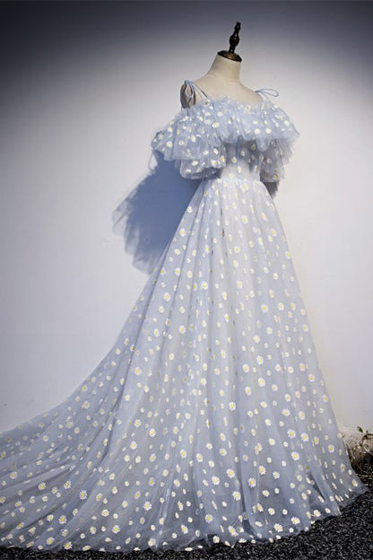 Daisy Floral A-line Long Light Blue Formal Dress