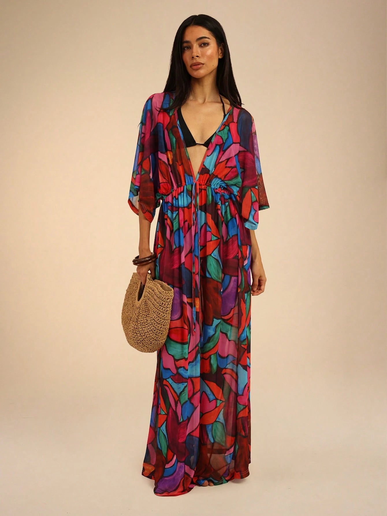 Dancing Leopard Print Plunge Front Batwing Arm Cover Up, Summer Outfits For Women
