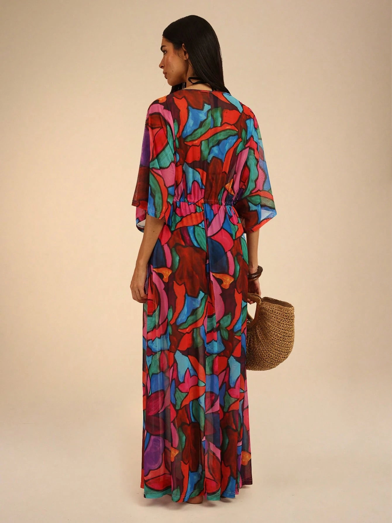 Dancing Leopard Print Plunge Front Batwing Arm Cover Up, Summer Outfits For Women