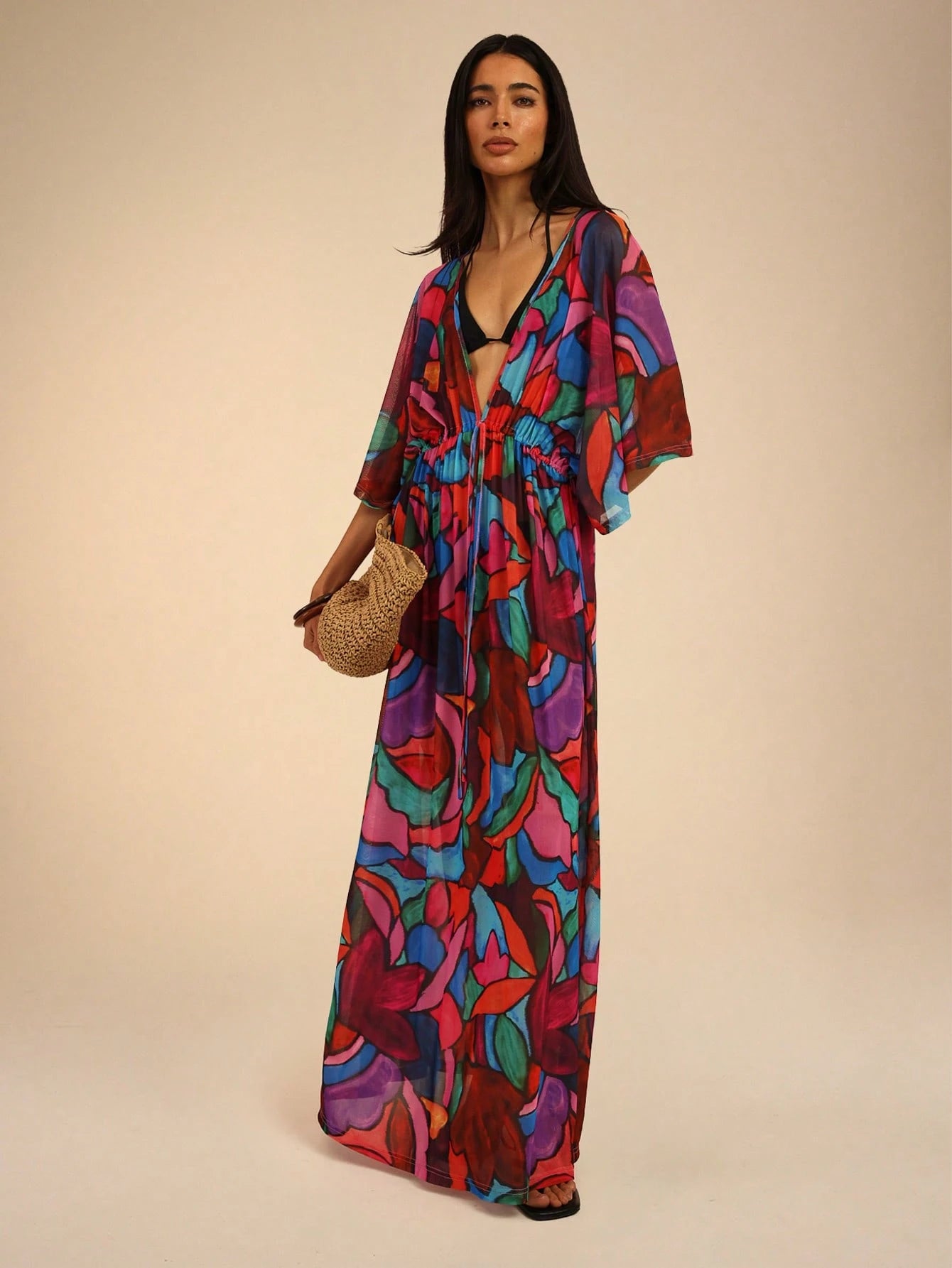 Dancing Leopard Print Plunge Front Batwing Arm Cover Up, Summer Outfits For Women