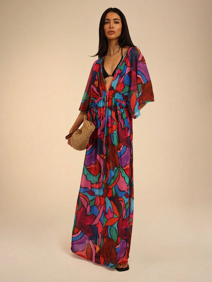 Dancing Leopard Print Plunge Front Batwing Arm Cover Up, Summer Outfits For Women
