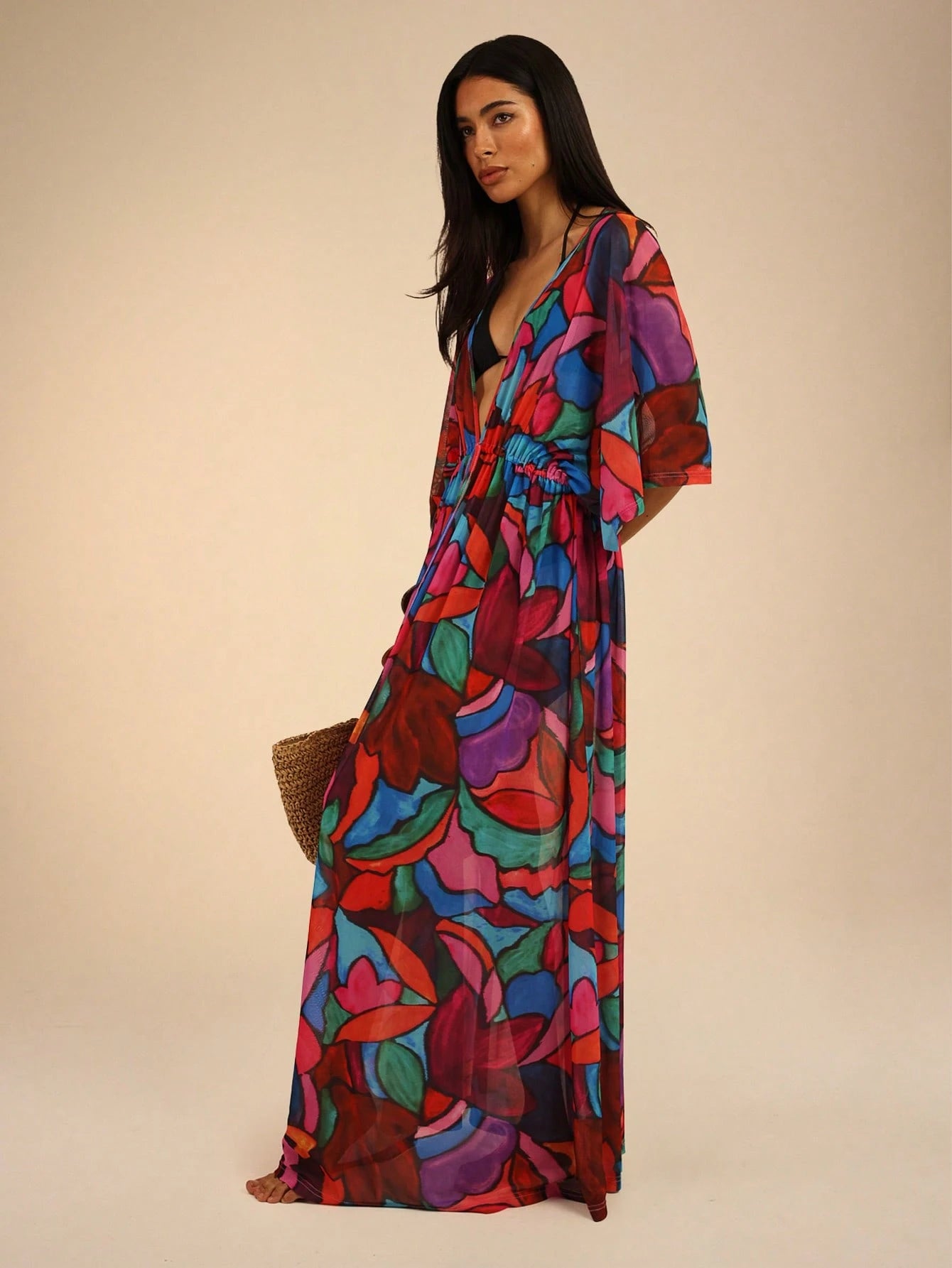 Dancing Leopard Print Plunge Front Batwing Arm Cover Up, Summer Outfits For Women
