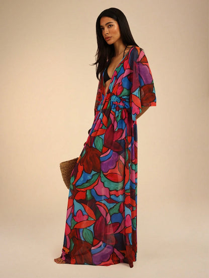 Dancing Leopard Print Plunge Front Batwing Arm Cover Up, Summer Outfits For Women