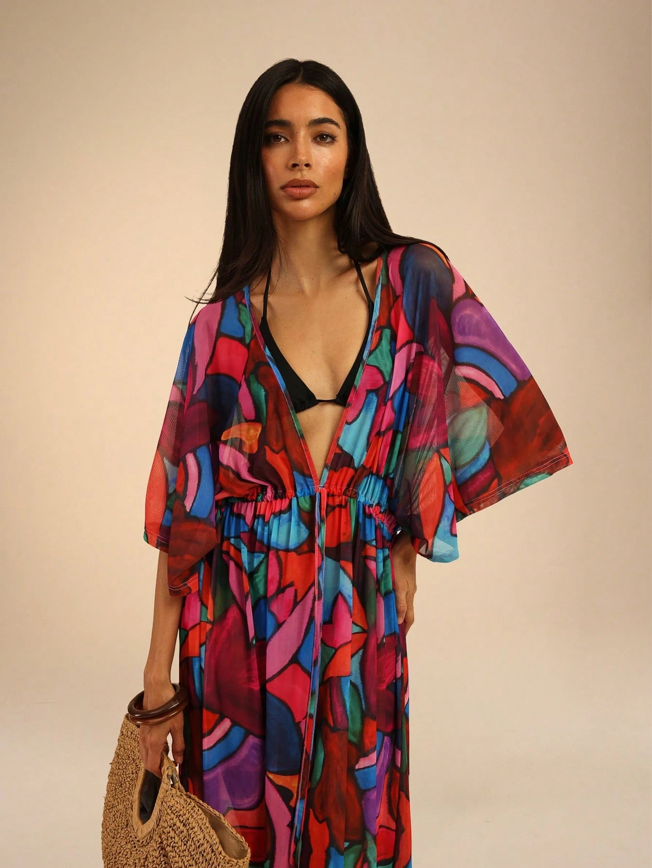 Dancing Leopard Print Plunge Front Batwing Arm Cover Up, Summer Outfits For Women