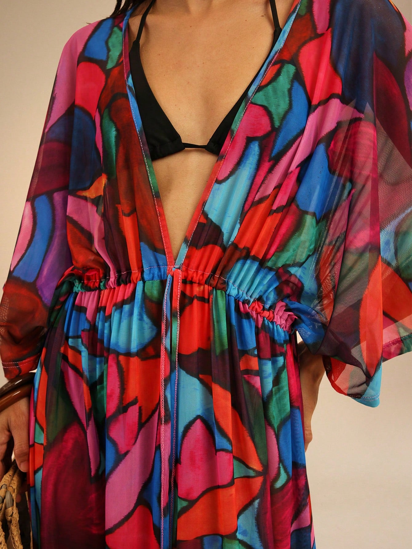Dancing Leopard Print Plunge Front Batwing Arm Cover Up, Summer Outfits For Women