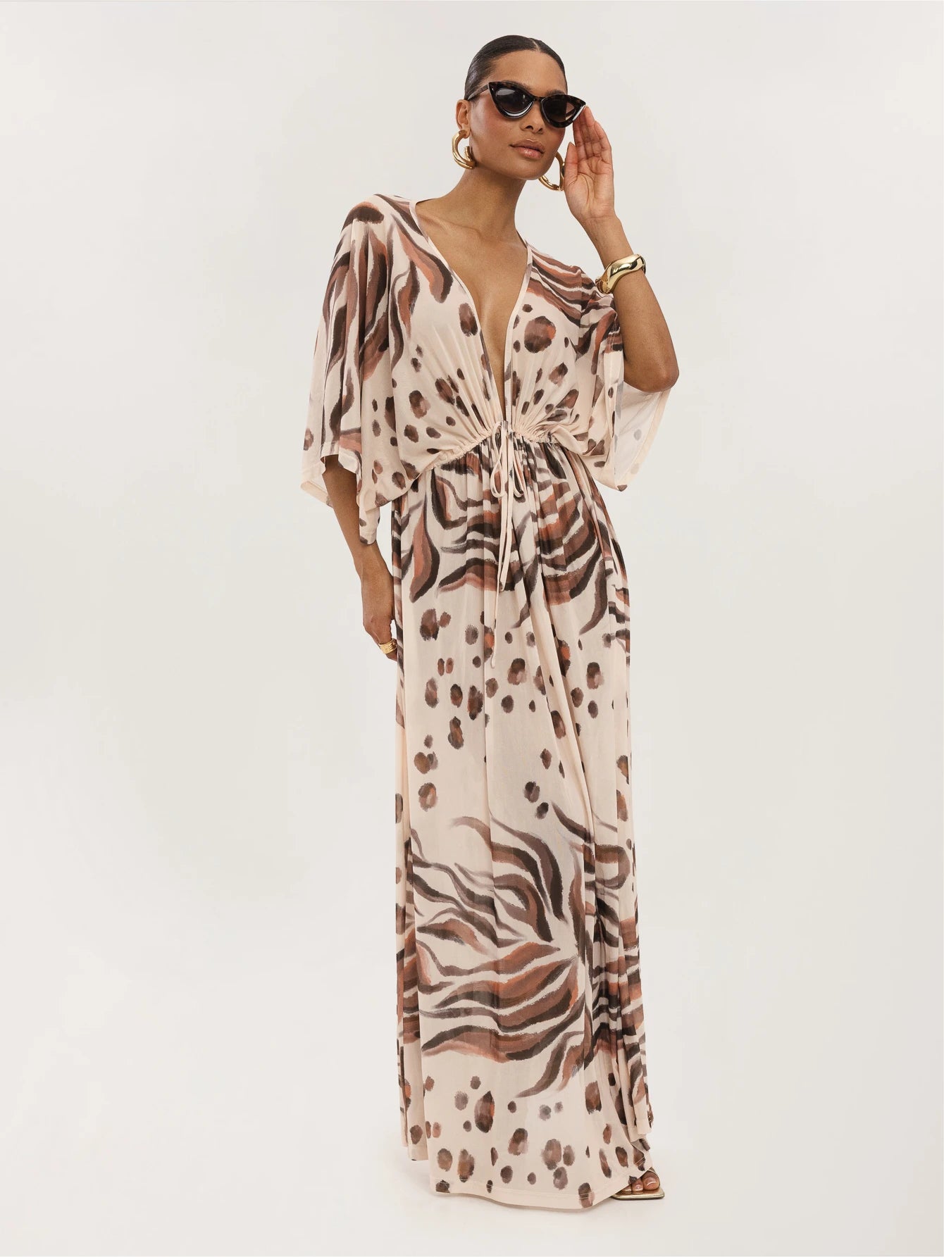 Dancing Leopard Print Plunge Front Batwing Arm Cover Up, Summer Outfits For Women