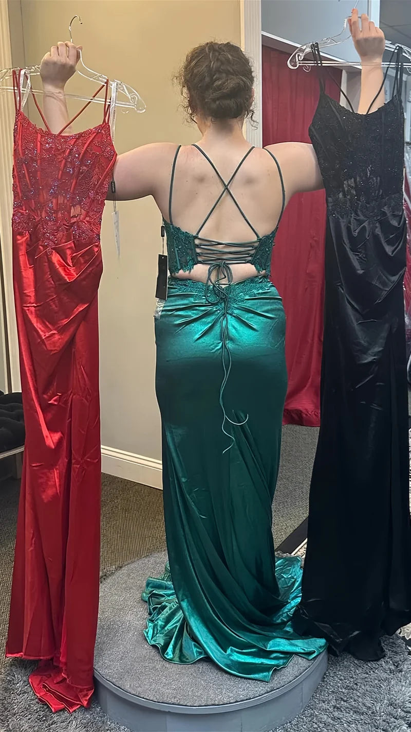 Dark Green Mermaid Evening Prom Dresses With Appliques, AST1559