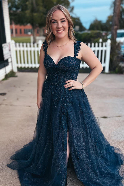 Dark Navy Appliques A-line Long Formal Dress