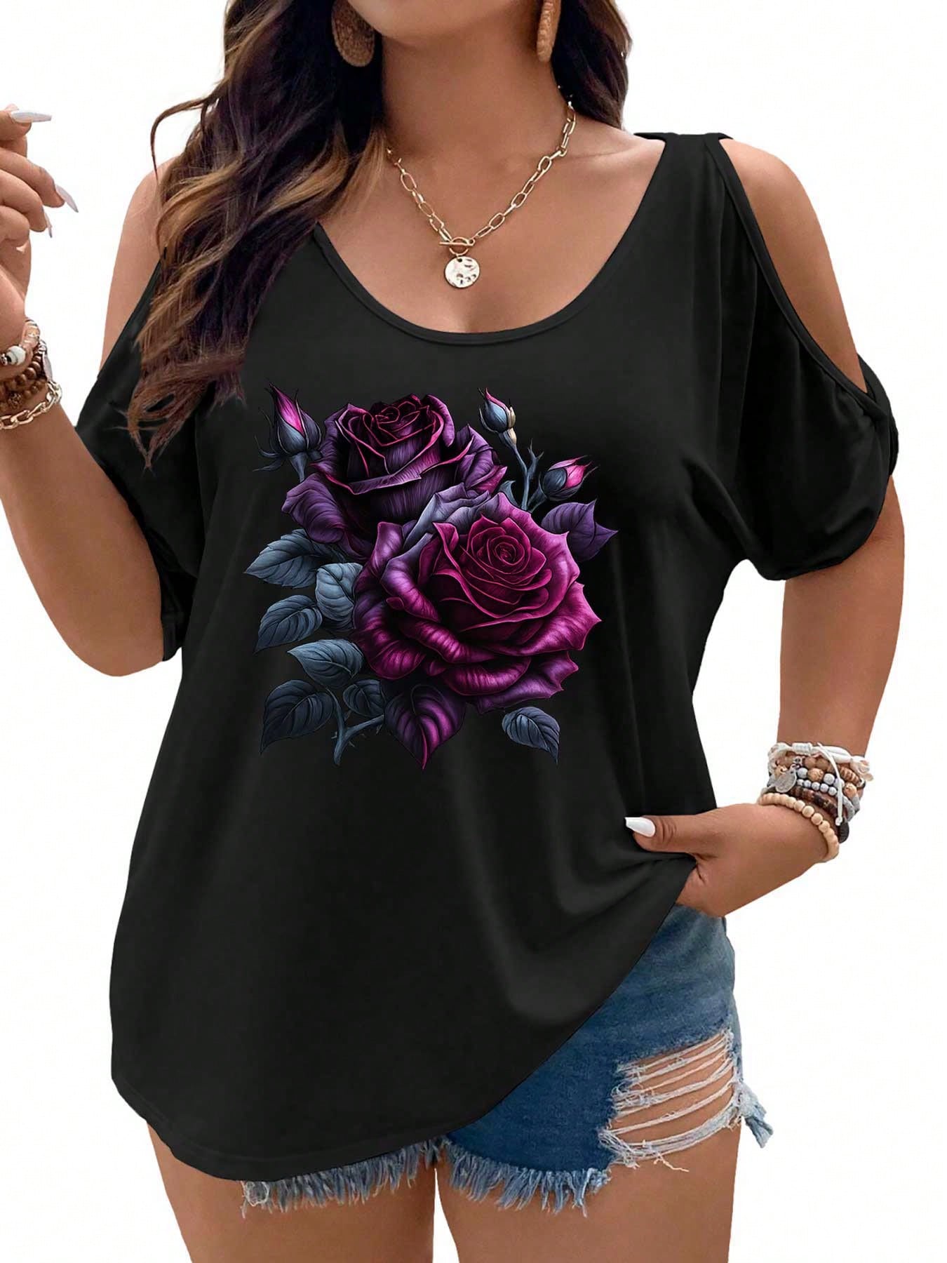 Dark Purple Roses With Black Leaves And Pink Accents Women Cold Shoulder Tops Summer Short Sleeve Shirt Plus Size