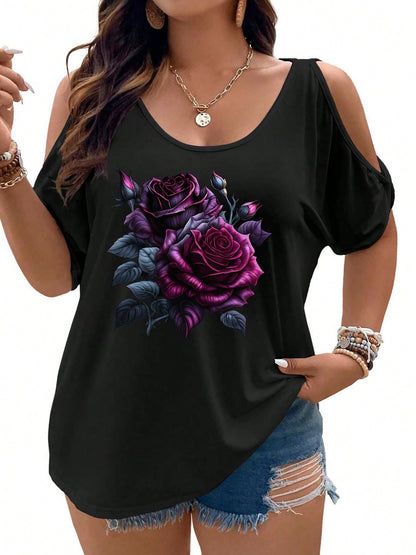 Dark Purple Roses With Black Leaves And Pink Accents Women Cold Shoulder Tops Summer Short Sleeve Shirt Plus Size