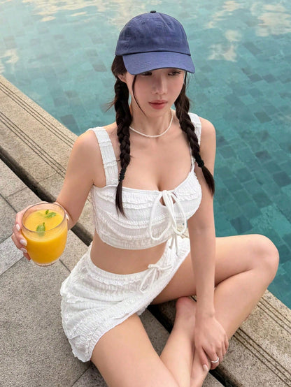 DAZY 3pcs/Set Women's Textured Spaghetti Strap Camisole And Mini Skirt, Casual Swimwears Swimwear Beach Outfit Summer
