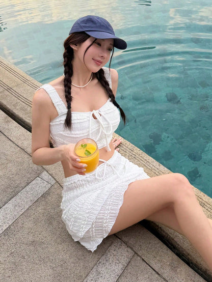 DAZY 3pcs/Set Women's Textured Spaghetti Strap Camisole And Mini Skirt, Casual Swimwears Swimwear Beach Outfit Summer