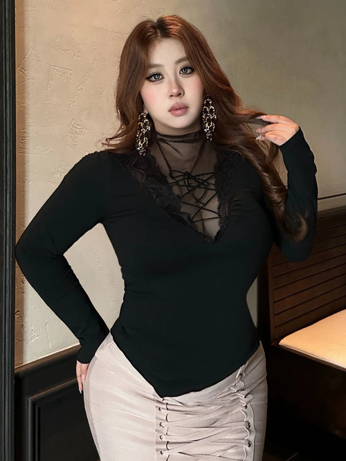 Dazy Plus Black Lace Slim Fit Elegant Long Sleeve T-Shirt For Wedding, Banquet, Party, Ball