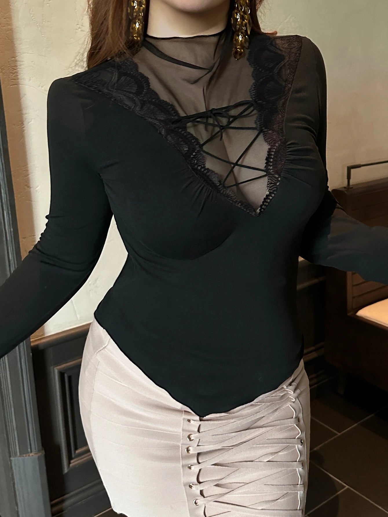 Dazy Plus Black Lace Slim Fit Elegant Long Sleeve T-Shirt For Wedding, Banquet, Party, Ball
