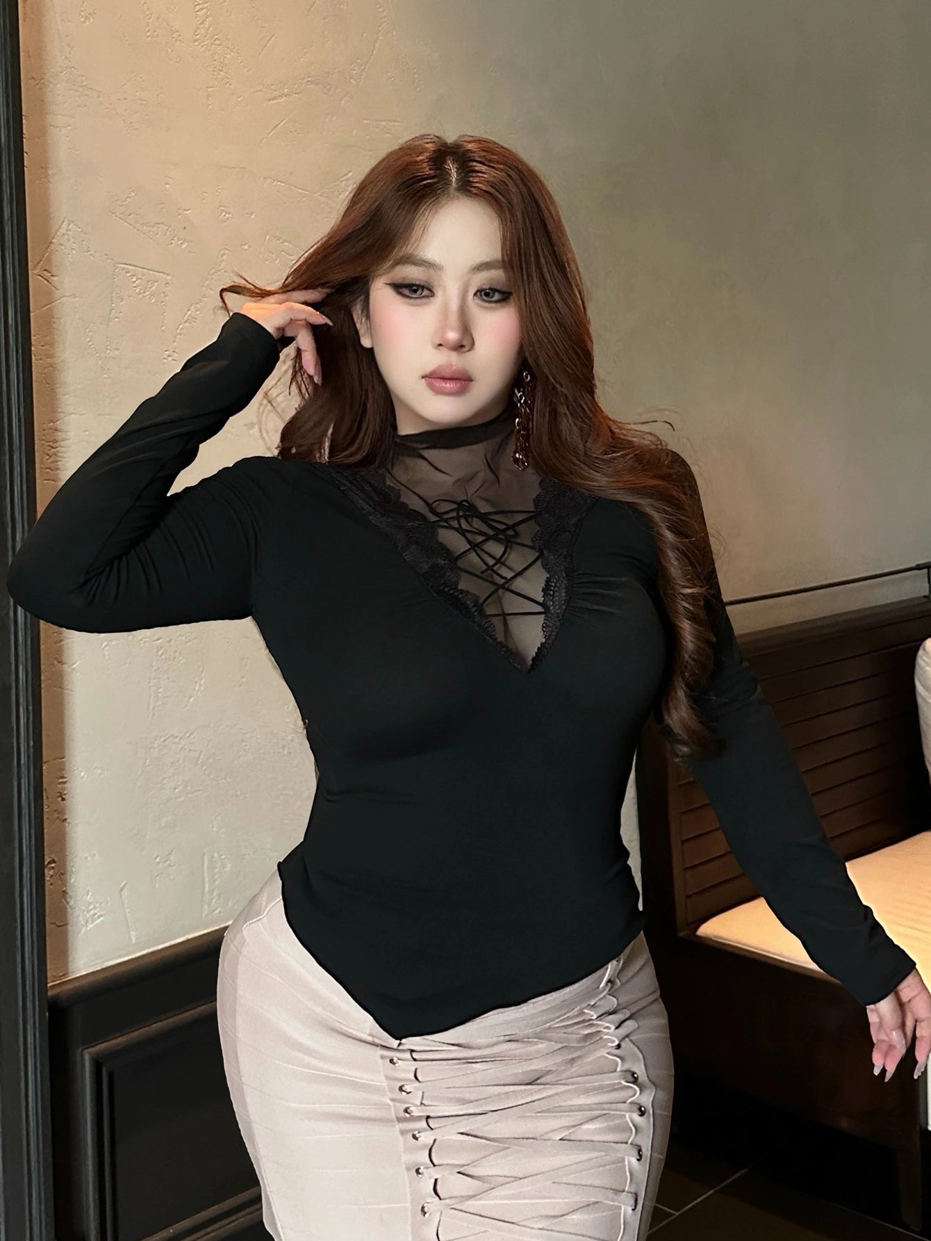 Dazy Plus Black Lace Slim Fit Elegant Long Sleeve T-Shirt For Wedding, Banquet, Party, Ball