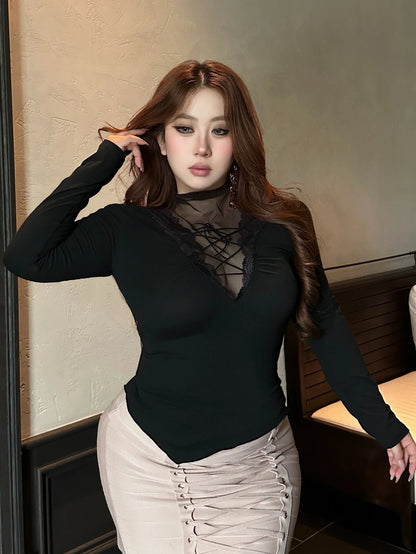 Dazy Plus Black Lace Slim Fit Elegant Long Sleeve T-Shirt For Wedding, Banquet, Party, Ball