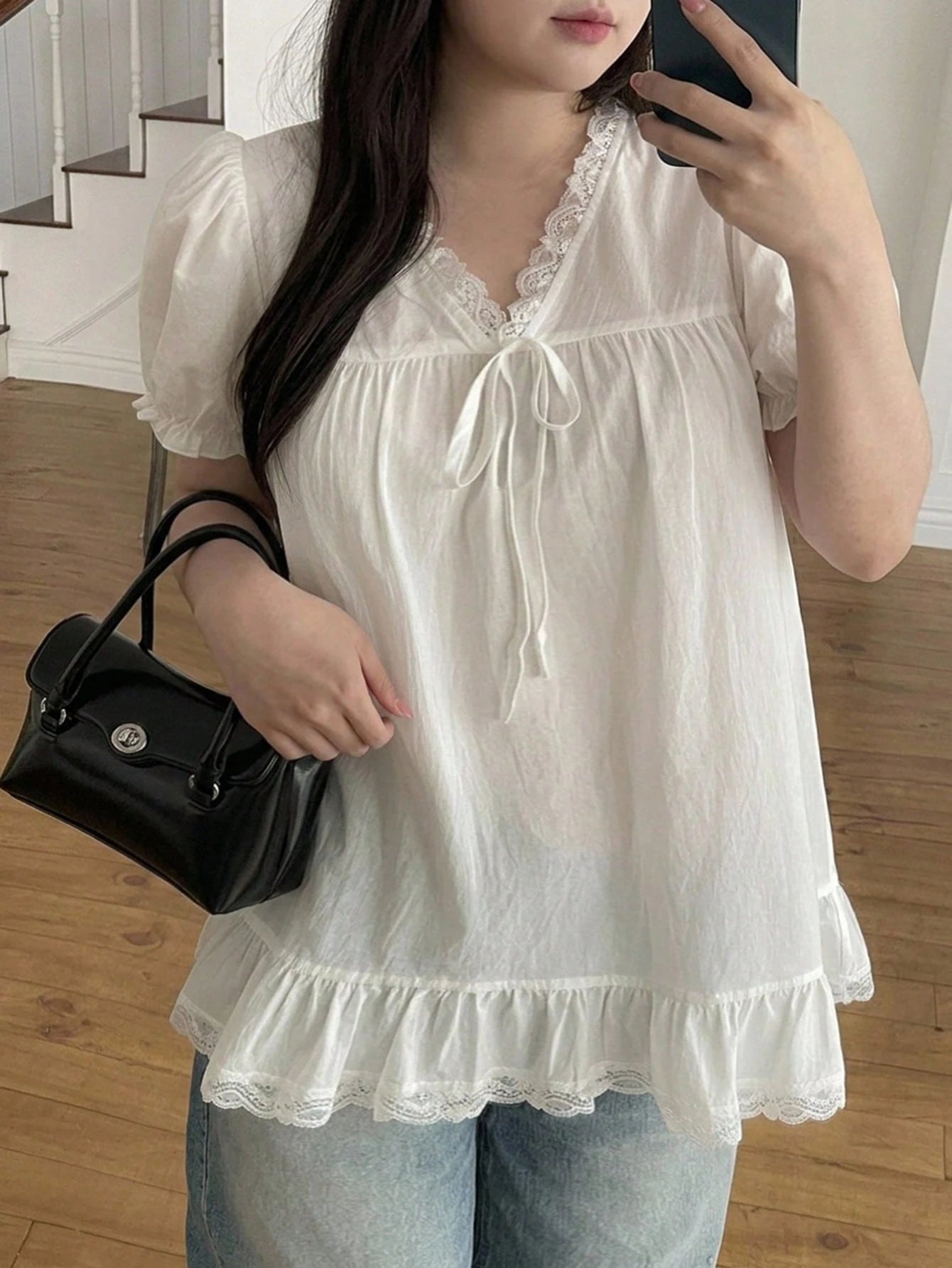 Dazy Plus White V-Neck Lace Trim Loose Blouse Petal Sleeve Elegant Slimming Casual Shirt Top Spring Autumn
