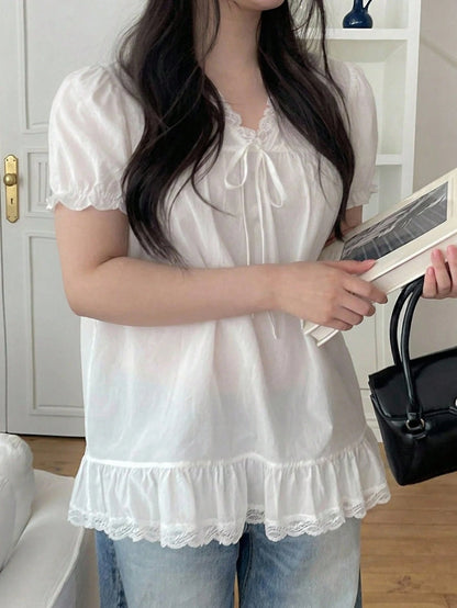 Dazy Plus White V-Neck Lace Trim Loose Blouse Petal Sleeve Elegant Slimming Casual Shirt Top Spring Autumn