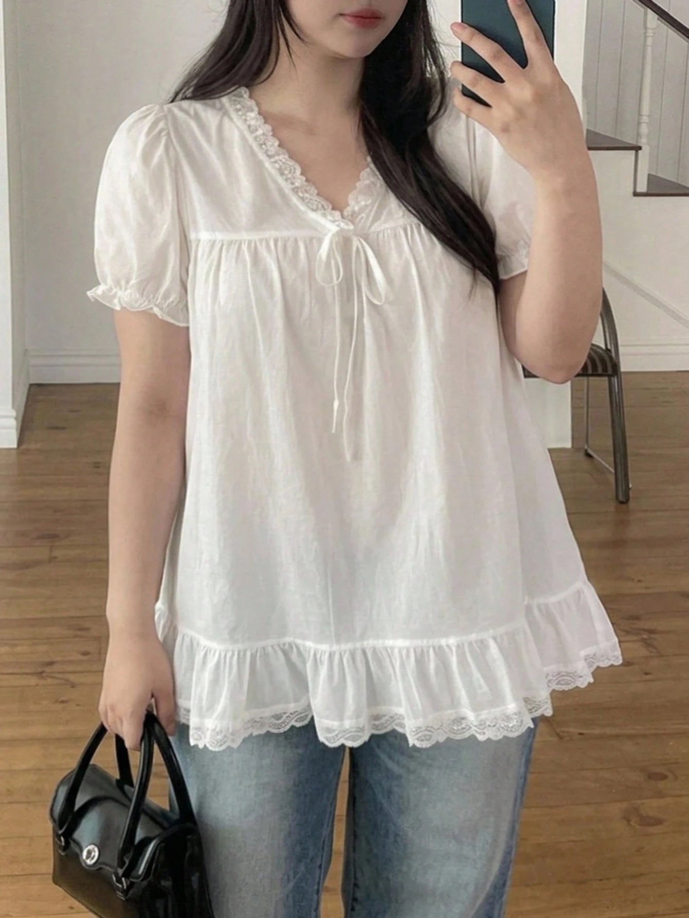 Dazy Plus White V-Neck Lace Trim Loose Blouse Petal Sleeve Elegant Slimming Casual Shirt Top Spring Autumn