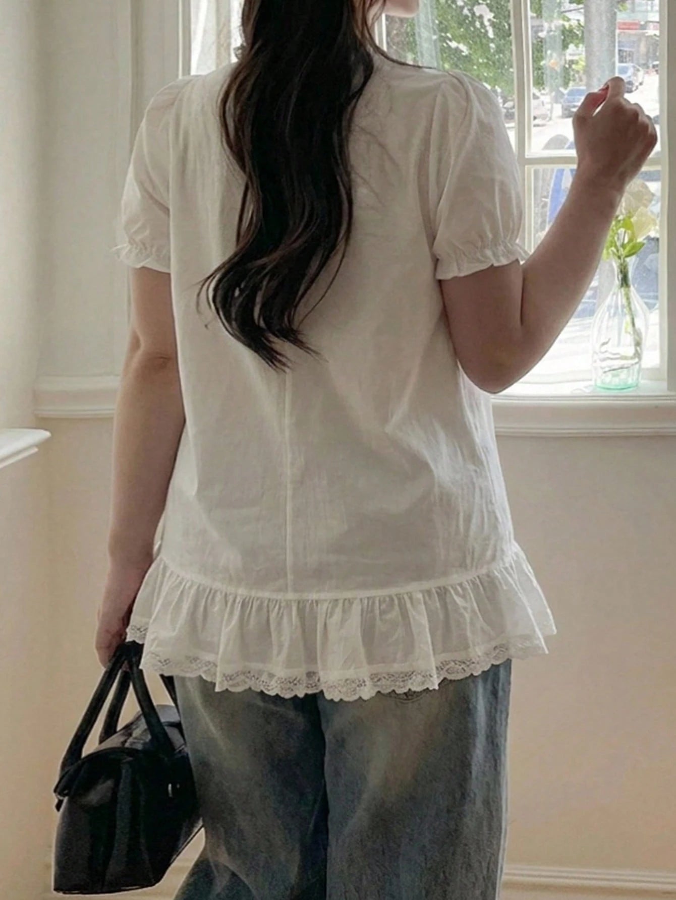 Dazy Plus White V-Neck Lace Trim Loose Blouse Petal Sleeve Elegant Slimming Casual Shirt Top Spring Autumn