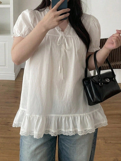 Dazy Plus White V-Neck Lace Trim Loose Blouse Petal Sleeve Elegant Slimming Casual Shirt Top Spring Autumn
