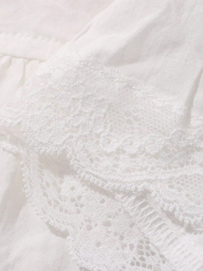 Dazy Plus White V-Neck Lace Trim Loose Blouse Petal Sleeve Elegant Slimming Casual Shirt Top Spring Autumn